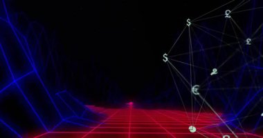 Grafik simgeleri ortaya çıkarken ve trendleri görselleştirirken para birimi ağının döndürülmesi ve nabız atması. Dijital, fütüristik, soyut, yenilik, analitik, teknoloji, canlı