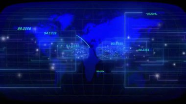 Mavi dünya haritasını açmak veri kümelerini başlatmak eğri kavisleri canlandırmak küresel iletimi görselleştirmek. Futuristik, teknolojik, dijital, bağlantı, ağ, arayüz, veri