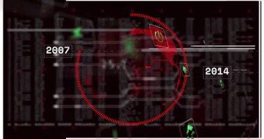 Arayüz açılışı kırmızı küre akış kodu ve tarihi gösteren zaman çizelgeleri güncelleniyor. Teknoloji, veri görselleştirme, dijital arayüz, siber güvenlik, fütüristik, bilgi ağı