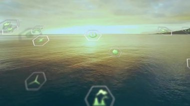 Gün batımında, deniz sakinliği, yeşil uğursuzluk simgeleri ortaya çıkıyor ve sürükleniyor, sürdürülebilirliği gösteriyor. Çevre, koruma, yenilenebilir, çevre dostu, soyut, uyum, sükunet