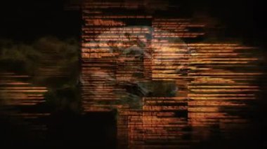 Yatay kehribar kod çizgileri kıvrılıyor ve metalik kafatası dumanlı sisin içinde ortaya çıkıyor. Siber, dijital, fütürist, soyut, teknoloji, yenilik, grunge