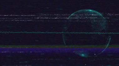 Statik arıza başlatılıyor, turkuaz dalga formu yükseliyor, veri gösterimi için dönen dünyayı oluşturan noktalar oluşuyor. Fütürist, dijital, soyut, teknoloji, veri görselleştirme, neon, holografik