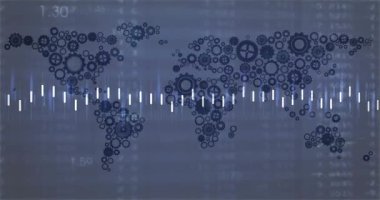 Çarklı dünya haritası yüklendiğinde çubuklar savrulan çizgiler yüzen sayılar görselleştiriliyor. Veri, analitik, görselleştirme, teknoloji, dijital, iş, zeka