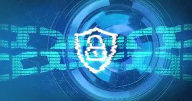 Ağ sinyal halkalarında dönen akıntılar, güvenliği temsil eden kalkanların asma kilidini oluşturur. Siber güvenlik, dijital, teknoloji, güvenlik, koruma, fütüristik, veri