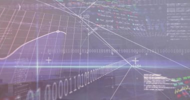 Eğri beyaz çizgi grafiği ikili kod ve hisse senetleriyle sanal gösterge panelinde yükseliyor. Fütüristik, veri görselleştirme, analitik, teknoloji, dijital arayüz, finansal, yenilik