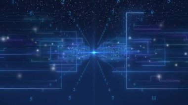 Mavi alanda ortaya çıkan parlak düğüm, veri akışı sırasında parlayan çizgiler boyunca ışık gönderiyor. Teknoloji, siber uzay, yenilik, dijital, fütüristik, bağlantı, ağ