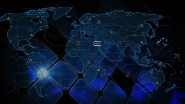 Yanıp sönen fayanslar dünya haritası genişletiliyor paneller kayıyor simgeler yanıp sönüyor ışığı görselleştiriyor. Futuristik, dijital, teknoloji, ağ, arayüz, yenilik, bağlantı