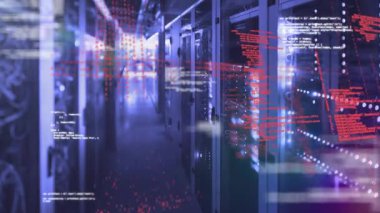 Koridorun üzerinde görünen soluk beyaz metin bitleri kırmızı akıntılar başlatırken geçmişteki raflar verileri gösteriyor. Teknoloji, siber güvenlik, veri altyapısı, dijital, fütürist, ağ, zeka