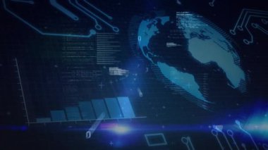 Soluk mavi parıltı, kod kaydırma çubuğu çizelgesi yükselerek ve dünyayı döndürerek ortaya çıkıyor. Futuristik, teknoloji, veri görselleştirme, arayüz, dijital, yenilik, siber