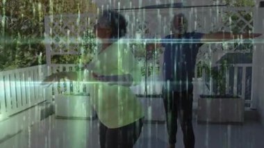 Rehberlik eden kıdemli çift, verandada, sağlık için üstüste biniyor. Sunbae, sağIık, uyum, farkındalık, açık hava, huzur, hareket