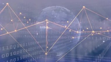 Başladıktan sonra, noktalı kablo küresi sola dönerken altın düğümler yer değiştirip veri akışını gösteriyor. Siber uzay, veri görselleştirme, dijital ağ, soyut teknoloji, fütürist, bilgi akışı