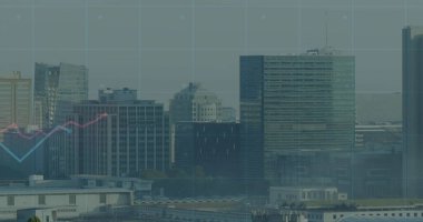 Şehir limanının ufuk çizgisinin, ofis binalarının üzerindeki şebeke çizgileriyle birleştiği görülüyor. Gökdelenler, finans, veri görselleştirme, kentsel gelişim, ticari mimari, modern tasarım