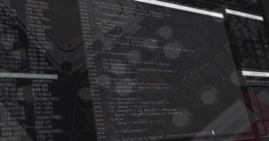 Donanım içinde tabaklar ve devrelerle JavaScript kodunu gösteren kod düzenleyici penceresi kaplanıyor. Teknoloji, siber güvenlik, dijital, yenilik, mühendislik, veri, programlama