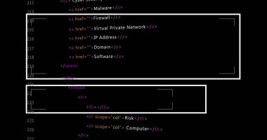 Vurgulanmış HTML seçili menü ve tablo başlıklarını koyu temalı düzenleyicide numara oluğu ile gösteriliyor. Programlama, siber güvenlik, geliştirici, kullanıcı arayüzü, yazılım geliştirme, dijital altyapı