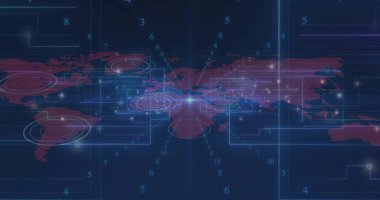 Gösterge paneli arayüzünde harita gösteriliyor, veri düğümleri, sıcak nokta çemberleri ve çerçeveleri gösteriliyor. Dijital, geleceksel, arayüz, görselleştirme, teknoloji, holografik, analitik