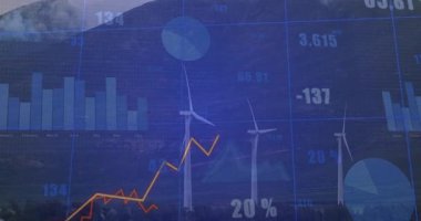 Rüzgar çiftliği boyunca uzanan veri örtüsü, turuncu hat tırmanışı, yeşil başlık ise verimliliği gösteriyor. Yenilenebilir enerji, sürdürülebilir, veri analizleri, görselleştirme, teknoloji, çevre dostu, endüstriyel