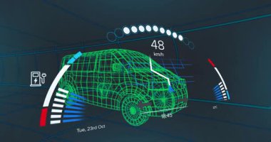 Hh işaretçilerini ve aydınlatma şarj göstergelerini geçmek için hız yapan bir araç başlatıldığında. Gelecekçi, dijital, simülasyon, otomotiv, elektronik, veri görselleştirme, teknoloji