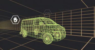 Kablo karavanı görünmeye başladığında, çevresel verileri gösteren altıgen simgeler ortaya çıkıyor ve güncelleniyor. Futuristik, veri görselleştirme, dijital ortam, analitik, ulaşım, yeşil enerji, teknoloji