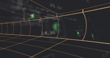 Girişte cisimleşen yeşil enerji simgeleri enerji akışını gösteren ızgara koridorunda kayıyor. Fütürist, dijital, çevre dostu, animasyon, teknoloji, yenilik, sürdürülebilir