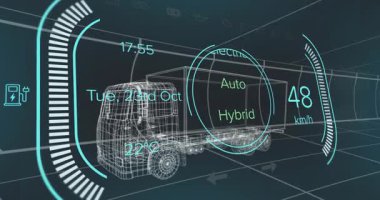 Başlangıçta 3 boyutlu ızgara tüneldeki mod değişimlerinde hızlanan kablo grafiği kamyonu HUD 'u gösteriyor. Gelecek, teknoloji, simülasyon, otomotiv, arayüz, dijital, sanal