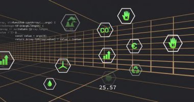 Başlangıç kümesinde turuncu ızgarada yüzen yeşil altıgen simgeleri gerçek zamanlı ölçümleri görselleştiriyor. Veri, analitik, dijital, yenilik, çevre, teknoloji, görselleştirme