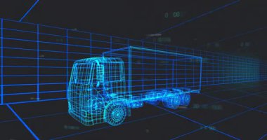 Neon-mavi şebeke oluşumu, kablo kamyonunun bozulması, ikili haneli kameraların taranması simülasyon gösterimi. Teknoloji, dijital, fütüristik, siber, veri, ağ, sanal