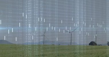 Otlakların türbinleri, pazar eğilimlerini gösteren grafik çubukları, süpürücü mercekler. Sürdürülebilirlik, yenilenebilirlik, yenilik, teknoloji, veri görselleştirme, çevre, gelecekçi