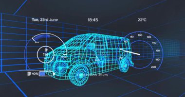 Batarya göstergesi yükseliyor ve UI yüklendiğinde düşüyor, Cyan SUV şarj ve hız değişimi gösteriyor. Fütürist, dijital, siber, özerk, teknoloji, sanal, parlak
