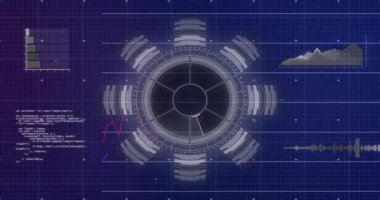 Izgaradan başlayarak, radyal arayüz ortaya çıkıyor, çizelgeler canlandırılıyor ve tarama döngüsü için etiketler güncelleniyor. Teknoloji, veri, analitik, görselleştirme, fütüristik, arayüz, dijital