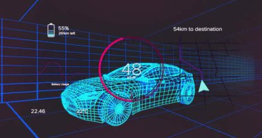 Hız göstergesi 3 boyutlu arabayı çalıştırıyor. Hızlanıyor ve yavaşlıyor. Batarya seviyesi solda görünüyor. Gelecek, teknoloji, simülasyon, dijital, otomotiv, sanal gerçeklik, yenilik