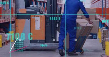 Depo işçisi kutuları istifledi ve animasyon çizelgeleriyle orta yola ulaştığında stokları takip etti. Lojistik, tedarik zinciri, sanayi, üretkenlik, otomasyon, envanter, veri analizi