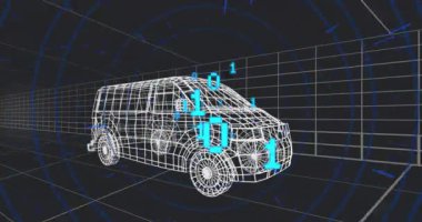 Cyan ikili basamaklarını gösteren animasyonlar başlatılıyor. Minibüs modelinin etrafında titreşiyor. Veri akışını görselleştiriyor. Fütürist, teknoloji, dijital, soyut, endüstriyel, siber, veri