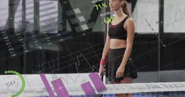 Kadın tenisçi, ağ atlamada kollarını indiriyor, çizelgeleri değiştiriyor, spor teknolojisinde giderek zayıflıyor. Sporcu, biyomekanik, performans, gelecek, analitik, spor salonu, dijital