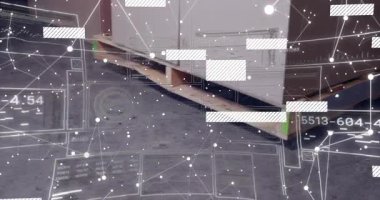 Başlangıçta AR kaplaması palet kutusunun üzerinde kayboluyor, kaydırma çubukları gerçek zamanlı envanter taraması göstermek için güncelleniyor. Teknoloji, endüstriyel, veri görselleştirme, lojistik, otomasyon, dijital, fütüristik