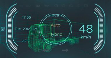 Gösterge paneli 17: 55 'te açılıyor. Kamyon 11 ila 121 km hızla gidiyor. Dönme modu geçişleri gösteriyor. Teknoloji, yenilik, otomasyon, ulaşım, bağlantı, dijital, gelecekçi
