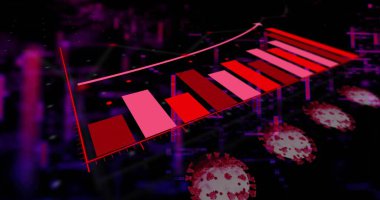 Devre ızgarasında yükselen yukarı doğru ok ve neon ışıltısı ile üç boyutlu çubuk grafiği gösteriliyor, virüs küreleri. Veri görselleştirme, fütüristik, dijital, teknoloji, analitik, yenilik, siber güvenlik