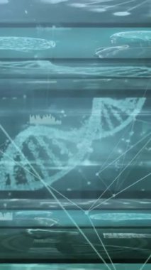 Tıbbi veri işleme ile ekranlara karşı bağlantı ağının ve ışık noktasının animasyonu. Küresel ağ ve tıbbi araştırma teknolojisi kavramı