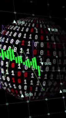 Siyah arkaplanda ikili kodlama ile dünya üzerinde veri işleme animasyonu. teknoloji, bilgisayar ve dijital arayüz kavramı dijital olarak oluşturulmuş video.