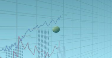 Displaying dashboard grid showing fluctuating blue and red line graphs with metallic green sphere. Analytics, investment, data visualization, technology, finance, bar chart, dashboard