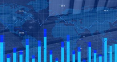 Ekranda dünya haritasını çizgiler, çizgi grafikleri, sayısal etiketler ve ızgara kaplamalarıyla gösteren grafikler gösteriliyor. Veri analizleri, gösterge paneli, bilgi teknolojisi, finansal analiz, modern tasarım