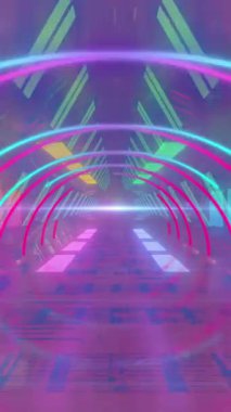 Pembe ve mavi neon tünel arka planının animasyonu. Video oyunu ve eğlence konsepti dijital olarak oluşturuldu.