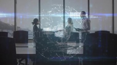 Bir adam tabletle girerken iş ekibi el sıkışıyor. Üç boyutlu dünyanın altında doktorları değiş tokuş ediyor. Şirket, işbirliği, yenilikçi, fütürist, profesyonel, gökdelen, takım çalışması