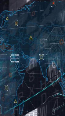 Ağ bağlantılarını ve veri işlemesini gösteren dijital dünya haritasının animasyonu. Teknoloji, bağlantı, küresel, iletişim, internet, görselleştirme