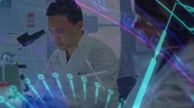 Laboratuar bilimadamı mikroskobu ayarlarken numuneleri inceliyor, etrafta dönen animasyon veri diyagramları. Araştırma, yenilik, teknoloji, araştırma geliştirme, akademi, kesinlik, veri görselleştirme