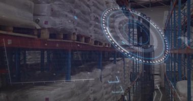 Holografik HUD canlandırma ve yönlendirme forklift dizilimi ve palet kaldırma arasında stok için raflar. Depo, otomasyon, artırılmış gerçeklik, lojistik, endüstri, teknoloji, envanter