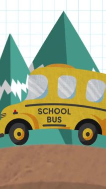 Okul otobüsü binalar ve ağaçlarla şehir manzarası animasyonundan geçiyor. Ulaşım, şehir, karikatür, eğitim, seyahat, araç