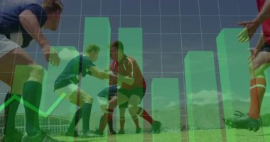 Kırmızı oyuncu tutucu top, mavi rakip tutucu, spor analitik çubukları ve çizgi grafik kaplama. Atletik, takım çalışması, rekabetçi, açık hava, enerjik, stratejik, fitness