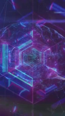 Bağlantılar ağı ve insan beyni kusursuz bir şekilde mavi parlayan tünelin üzerinde dönüyor. Tıbbi araştırma ve bilim teknolojisi kavramı