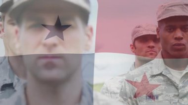 Askeri birlik sahada duruyor, bayrak değişimi AR teknolojisinin renk değişimini gösteriyor. Askerler, düzen, üniforma, kamuflaj, takım çalışması, disiplin, vatanseverlik.