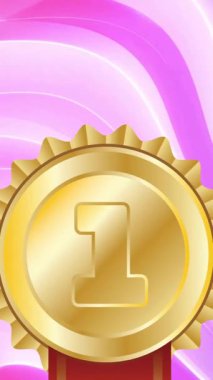 Birinci ve kırmızı kurdeleli altın madalyanın hareketli pembe dış görünüşlü hali. Rekabet, zafer, ödül, başarı, başarı ve kutlama, dijital olarak oluşturulmuş video.